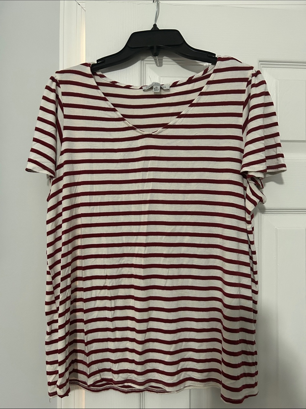 Green Envelope Red and White Striped V-Neck Short Sleeve Tee
